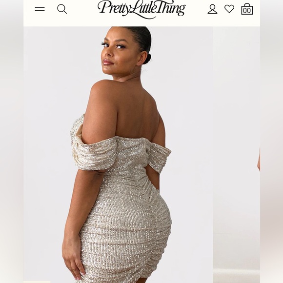 PrettyLittleThing PLUS CREAM SEQUIN BARDOT BODYCON DRESS - Picture 2 of 6